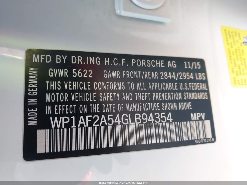 2016 Porsche Macan Turbo VIN: WP1AF2A54GLB94354 Lot: 43941564