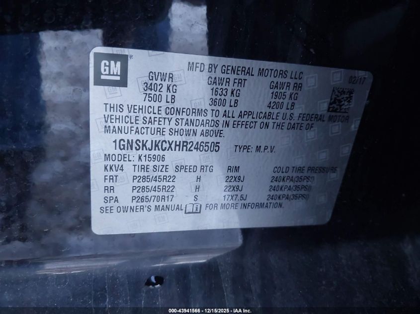 2017 Chevrolet Suburban Premier VIN: 1GNSKJKCXHR246505 Lot: 43941566