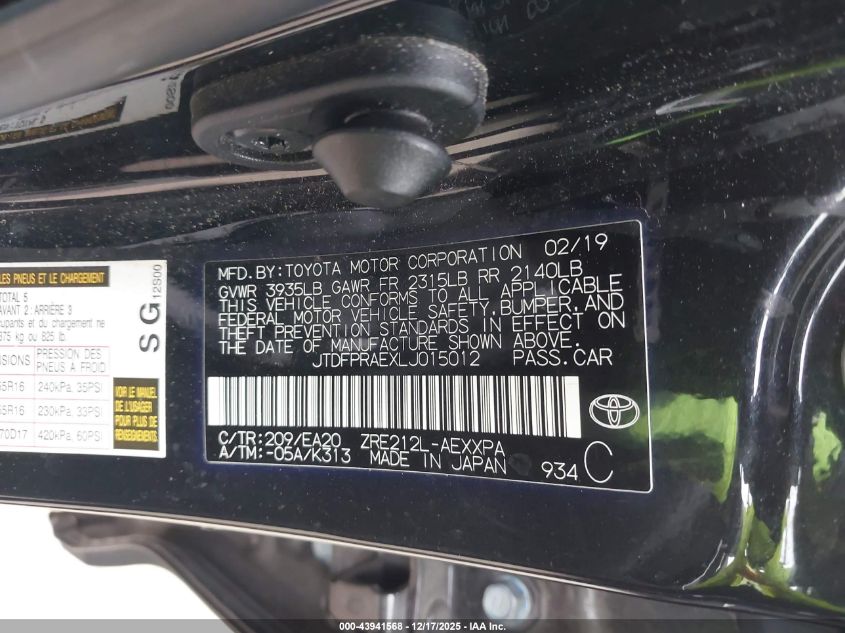 2020 Toyota Corolla Xle VIN: JTDFPRAEXLJ015012 Lot: 43941568