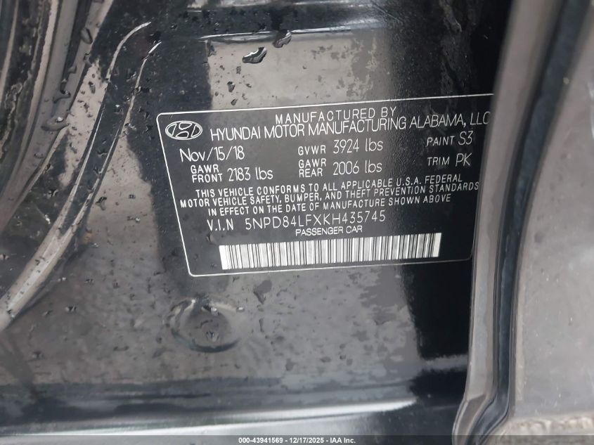 2019 Hyundai Elantra Sel VIN: 5NPD84LFXKH435745 Lot: 43941569