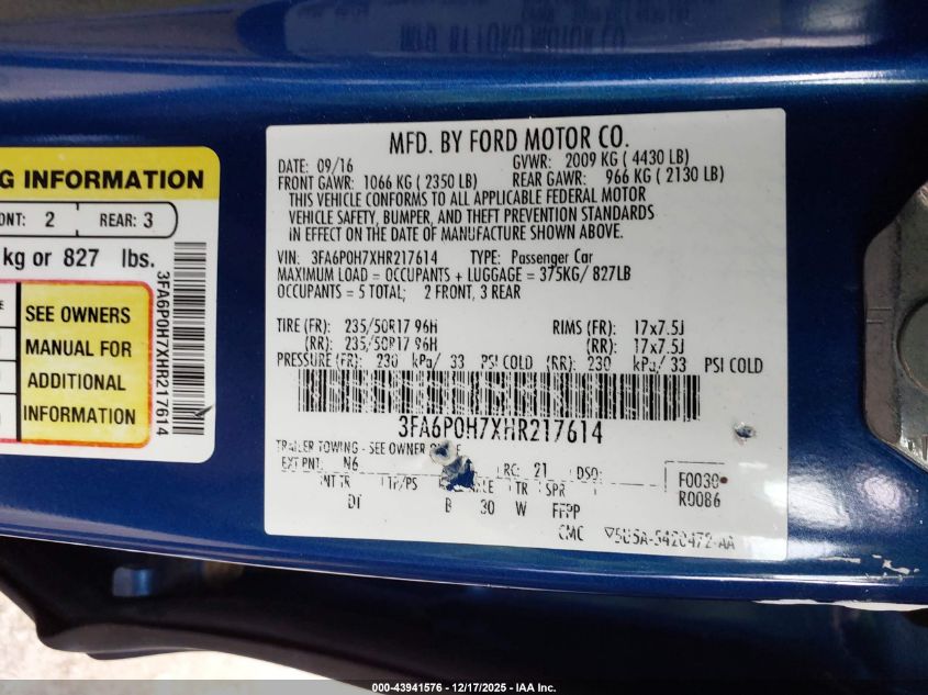 2017 Ford Fusion Se VIN: 3FA6P0H7XHR217614 Lot: 43941576