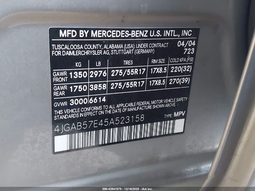 2005 Mercedes-Benz Ml 350 4Matic VIN: 4JGAB57E45A523158 Lot: 43941579