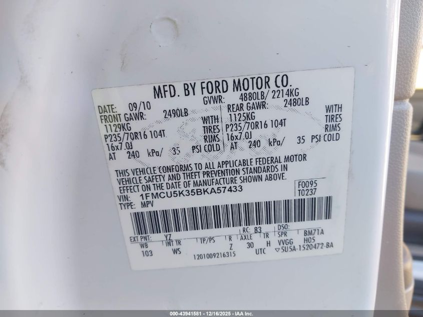 2011 Ford Escape Hybrid VIN: 1FMCU5K35BKA57433 Lot: 43941581