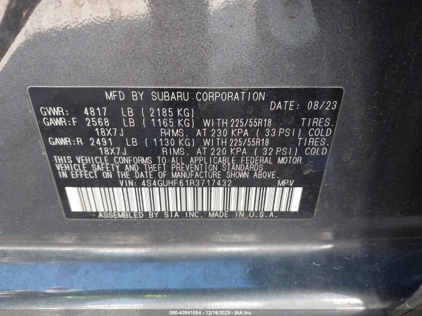 2024 Subaru Crosstrek Sport VIN: 4S4GUHF61R3717432 Lot: 43941584