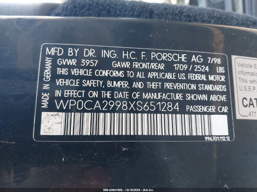 1999 Porsche 911 Carrera/Carrera 4 VIN: WP0CA2998XS651284 Lot: 43941585