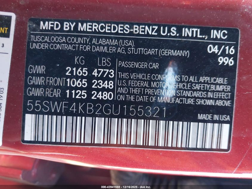 2016 Mercedes-Benz C 300 4Matic VIN: 55SWF4KB2GU155321 Lot: 43941588