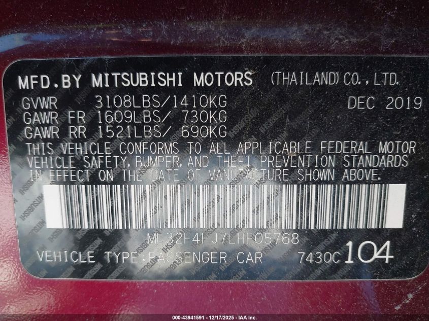 2020 Mitsubishi Mirage G4 Le/Se VIN: ML32F4FJ7LHF05768 Lot: 43941591