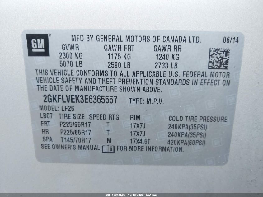 2014 GMC Terrain Sle-1 VIN: 2GKFLVEK3E6365557 Lot: 43941592