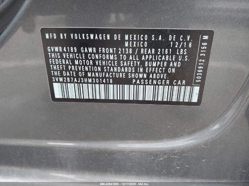 2017 Volkswagen Jetta 1.4T S VIN: 3VW2B7AJ3HM301418 Lot: 43941595