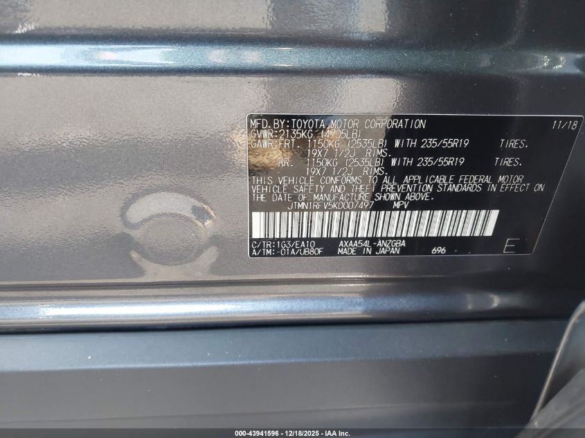 2019 Toyota Rav4 Limited VIN: JTMN1RFV5KD007497 Lot: 43941596