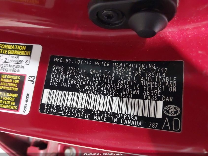 2013 Toyota Corolla Le VIN: 2T1BU4EE1DC018270 Lot: 43941597