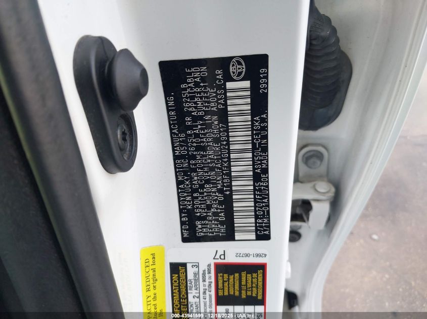 2016 Toyota Camry Se VIN: 4T1BF1FK4GU249017 Lot: 43941599