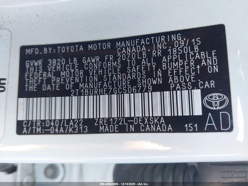 2016 Toyota Corolla S Premium VIN: 2T1BURHE7GC506779 Lot: 43941600