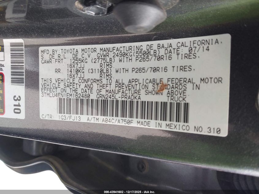 2014 Toyota Tacoma Base V6 VIN: 3TMLU4EN1EM162480 Lot: 43941602