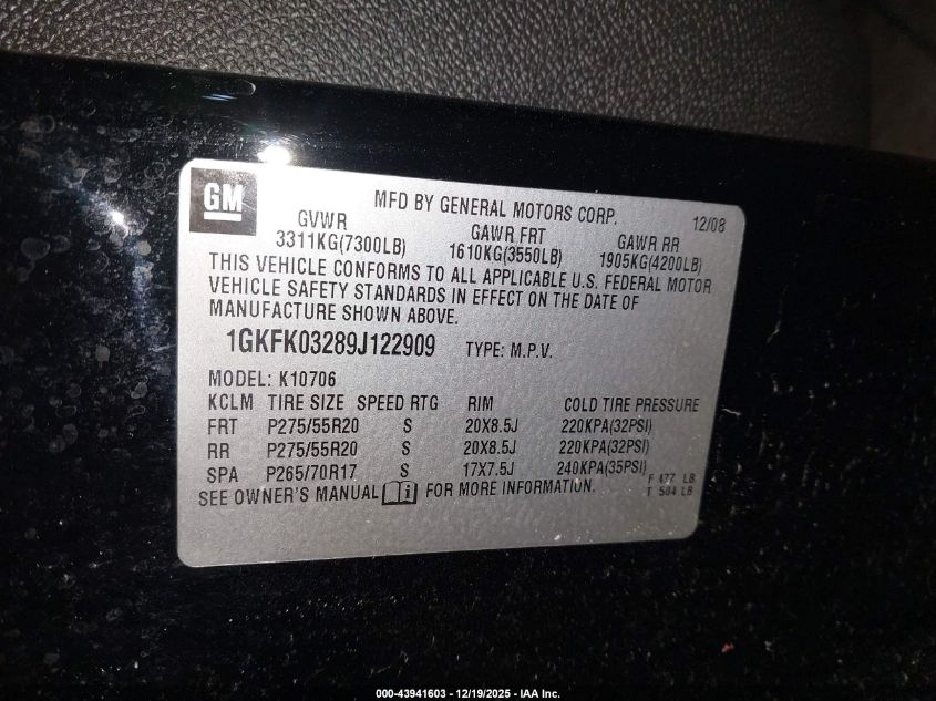 2009 GMC Yukon Denali VIN: 1GKFK03289J122909 Lot: 43941603