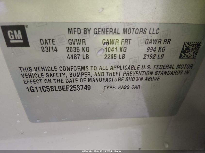 2014 Chevrolet Malibu 1Lt VIN: 1G11C5SL9EF253749 Lot: 43941606