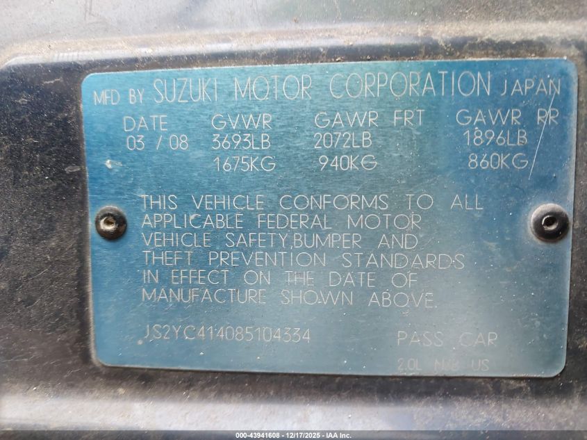 2008 Suzuki Sx4 Sport VIN: JS2YC414085104334 Lot: 43941608