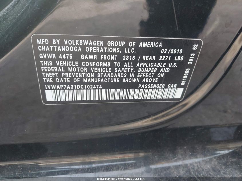 2013 Volkswagen Passat 2.5L S VIN: 1VWAP7A31DC102474 Lot: 43941609