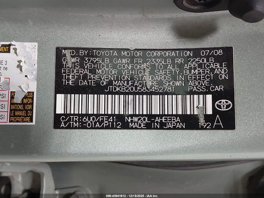 2008 Toyota Prius VIN: JTDKB20U583452781 Lot: 43941612