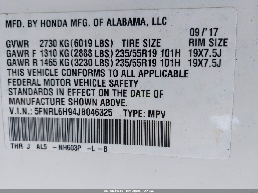 2018 Honda Odyssey Elite VIN: 5FNRL6H94JB046325 Lot: 43941616