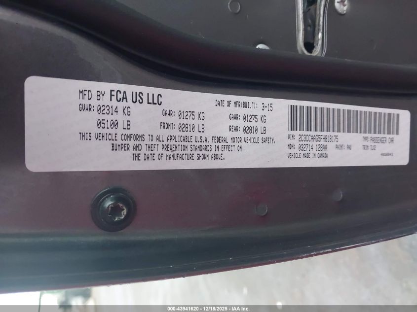 2015 Chrysler 300 Limited VIN: 2C3CCAAG5FH818175 Lot: 43941620