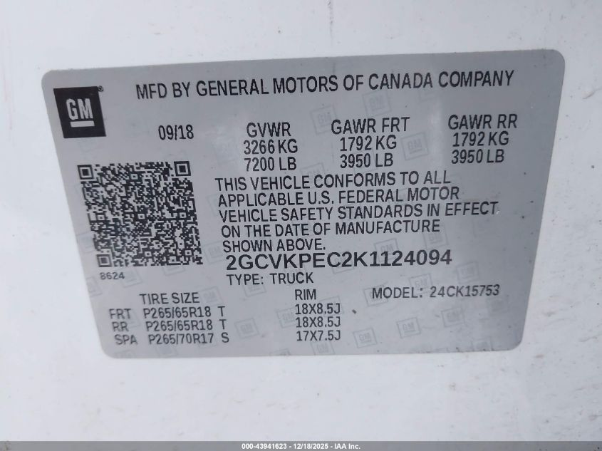 2019 Chevrolet Silverado 1500 Ld Lt VIN: 2GCVKPEC2K1124094 Lot: 43941623