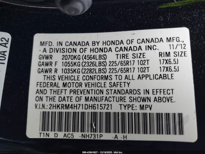 2013 Honda Cr-V Ex-L VIN: 2HKRM4H71DH615721 Lot: 43941627