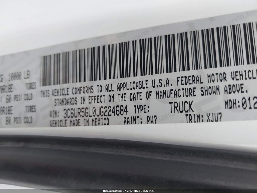 2018 Ram 2500 Longhorn 4X4 6'4 Box VIN: 3C6UR5GL0JG224684 Lot: 43941630