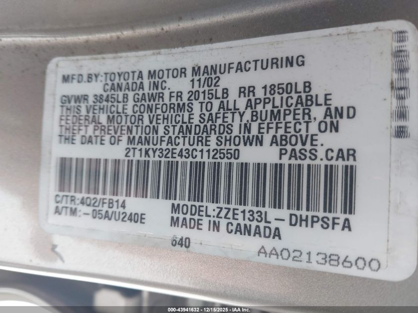 2003 Toyota Matrix Xrs VIN: 2T1KY32E43C112550 Lot: 43941632