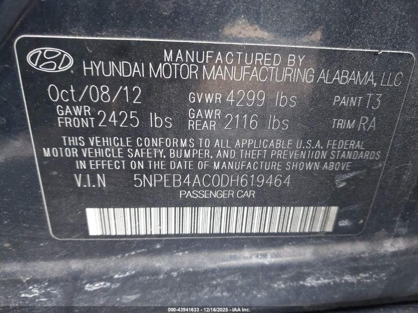 2013 Hyundai Sonata Gls VIN: 5NPEB4AC0DH619464 Lot: 43941633