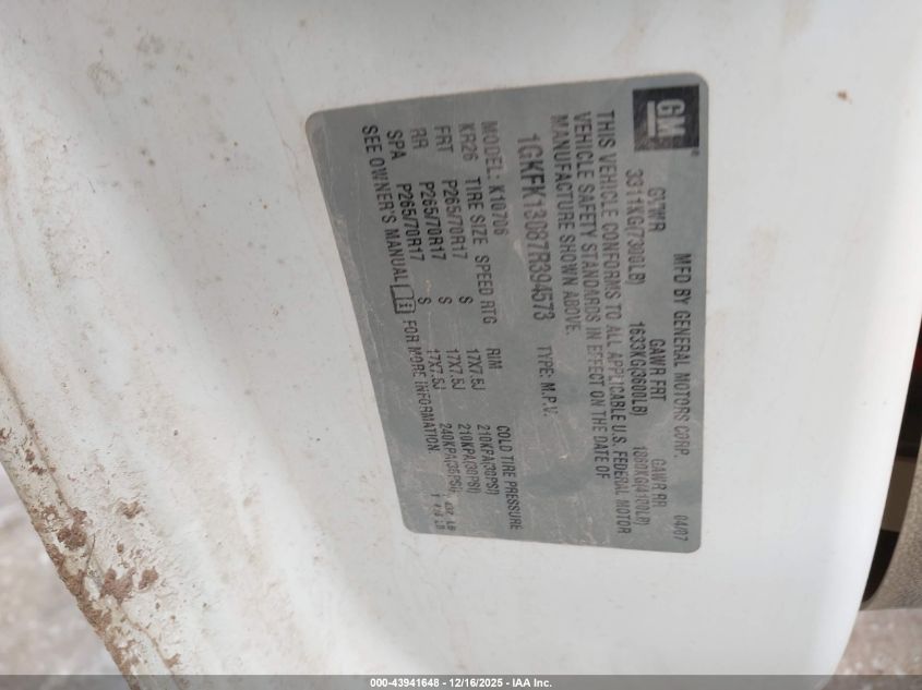 2007 GMC Yukon Slt VIN: 1GKFK13087R394573 Lot: 43941648