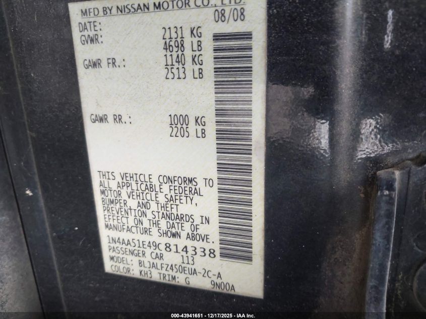 2009 Nissan Maxima 3.5 Sv VIN: 1N4AA51E49C814338 Lot: 43941651