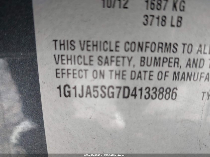 2013 Chevrolet Sonic Ls Auto VIN: 1G1JA5SG7D4133886 Lot: 43941653