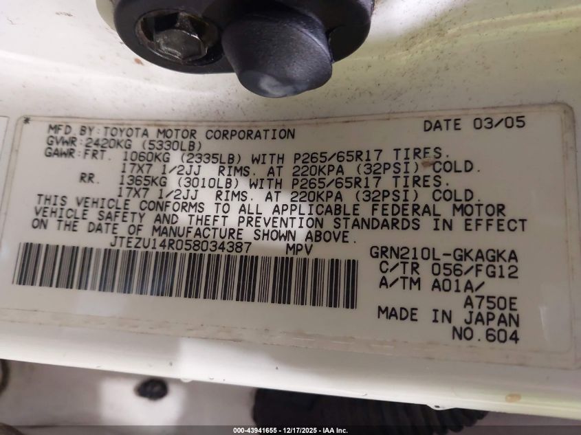 2005 Toyota 4Runner Sr5 V6 VIN: JTEZU14R058034387 Lot: 43941655