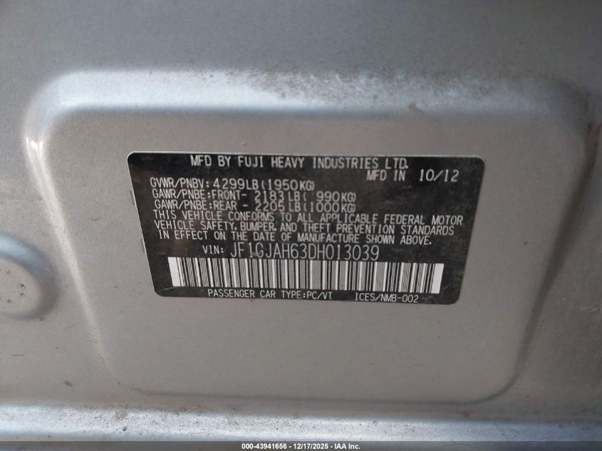 2013 Subaru Impreza 2.0I Limited VIN: JF1GJAH63DH013039 Lot: 43941656