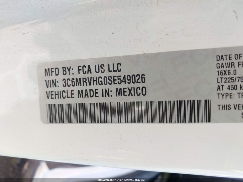2025 Ram Promaster 3500 Tradesman High Roof 159 Wb W/Pass Seat VIN: 3C6MRVHG0SE549026 Lot: 43941657
