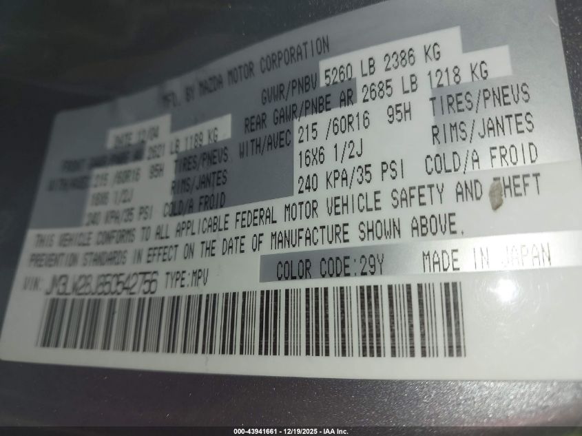 2005 Mazda Mpv Lx VIN: JM3LW28J850542756 Lot: 43941661