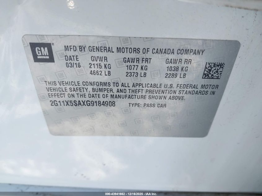 2016 Chevrolet Impala 1Fl VIN: 2G11X5SAXG9184908 Lot: 43941662