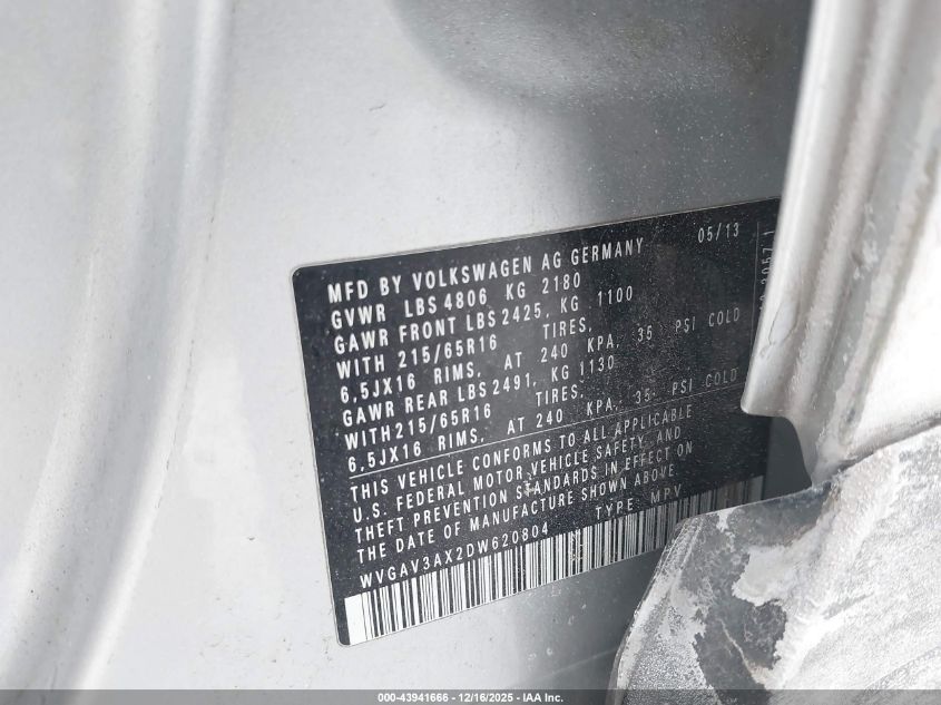 2013 Volkswagen Tiguan S VIN: WVGAV3AX2DW620804 Lot: 43941666
