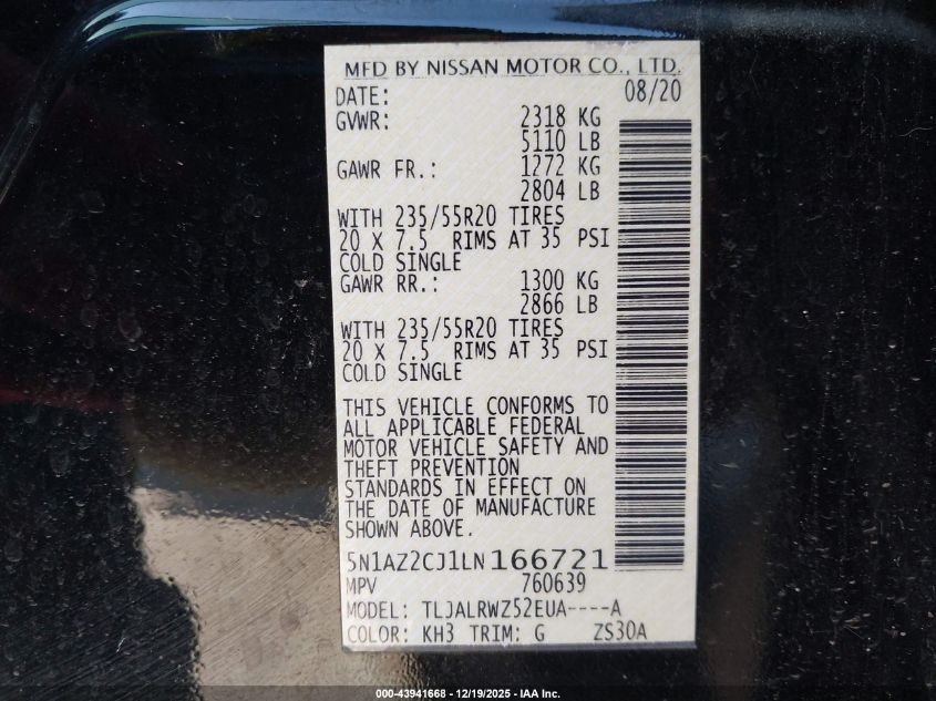 2020 Nissan Murano Sl Fwd VIN: 5N1AZ2CJ1LN166721 Lot: 43941668