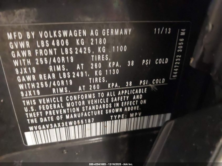 2014 Volkswagen Tiguan R-Line VIN: WVGAV3AX3EW055187 Lot: 43941669