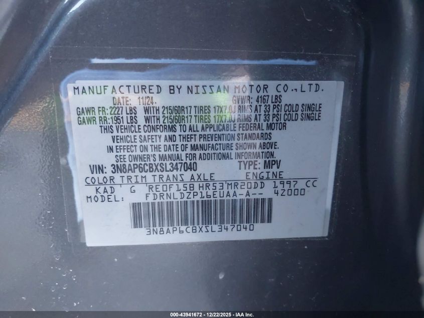 2025 Nissan Kicks Sv Intelligent Awd VIN: 3N8AP6CBXSL347040 Lot: 43941672