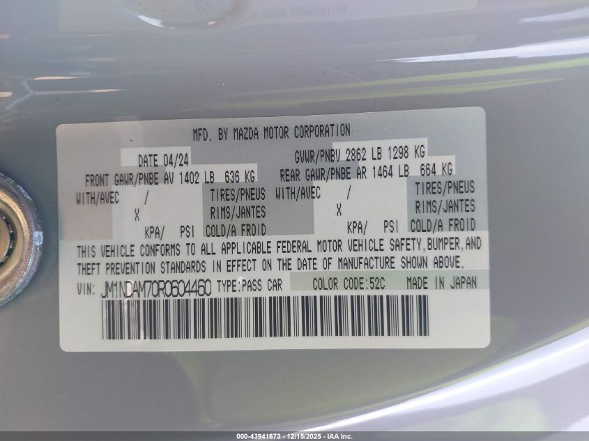2024 Mazda Mx-5 Miata Rf Grand Touring VIN: JM1NDAM70R0604460 Lot: 43941673
