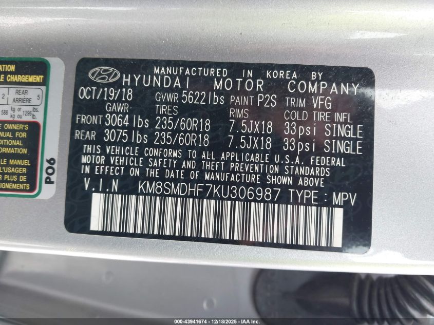 2019 Hyundai Santa Fe Xl Se VIN: KM8SMDHF7KU306987 Lot: 43941674