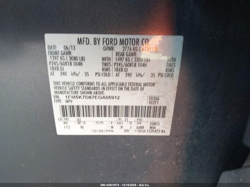 2014 Ford Explorer Xlt VIN: 1FM5K7D87EGA05912 Lot: 43941675