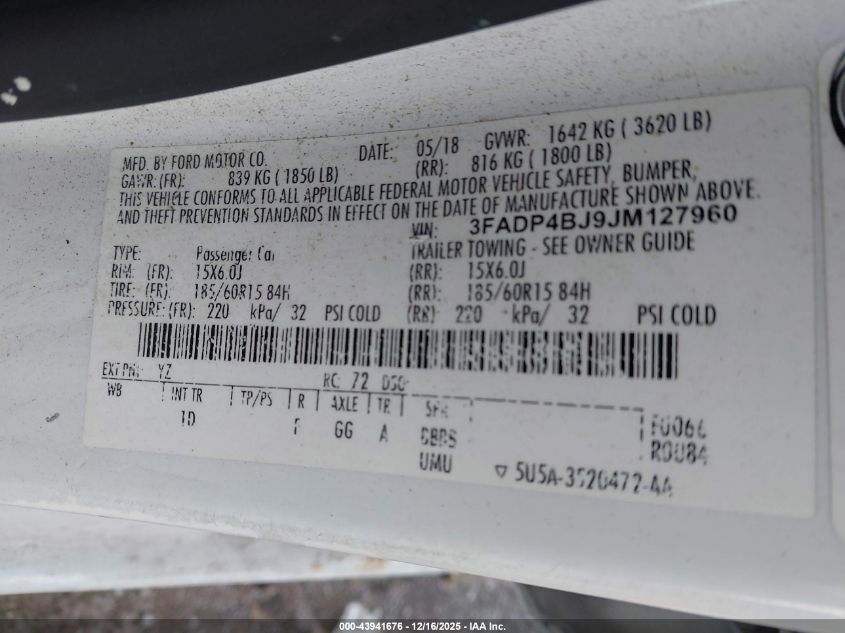2018 Ford Fiesta Se VIN: 3FADP4BJ9JM127960 Lot: 43941676