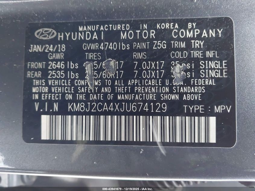 2018 Hyundai Tucson Se VIN: KM8J2CA4XJU674129 Lot: 43941679