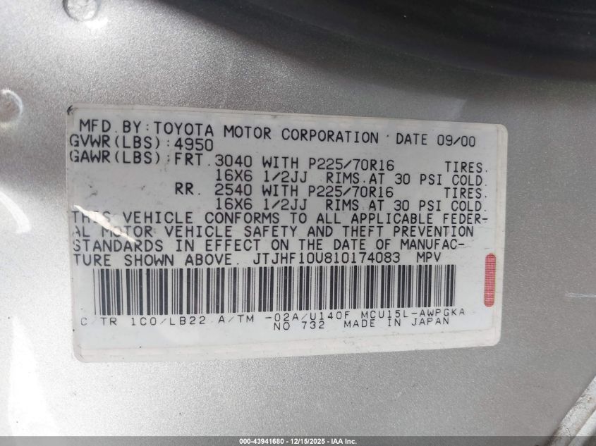 2001 Lexus Rx 300 VIN: JTJHF10U810174083 Lot: 43941680