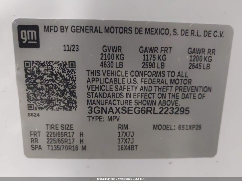 2024 Chevrolet Equinox Awd Ls VIN: 3GNAXSEG6RL223295 Lot: 43941683