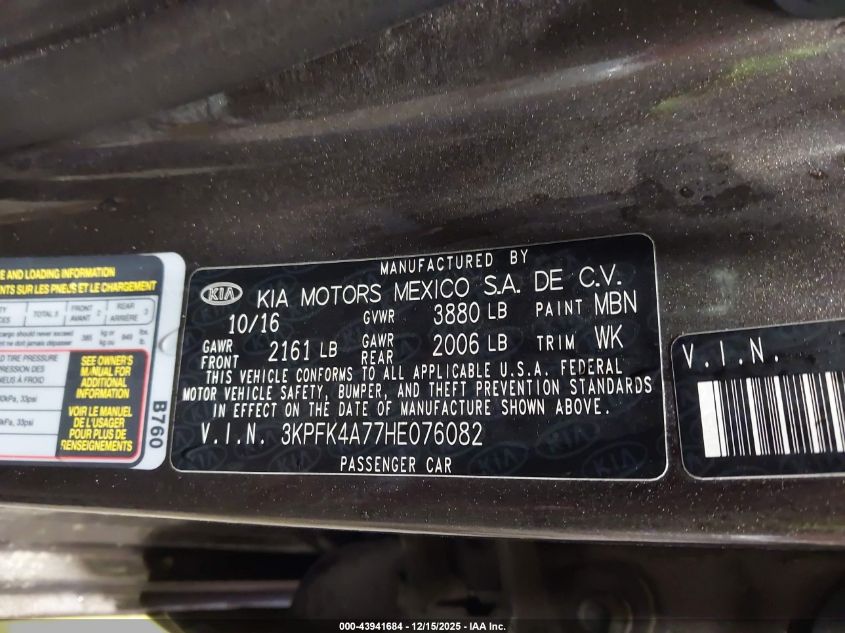 2017 Kia Forte Lx VIN: 3KPFK4A77HE076082 Lot: 43941684
